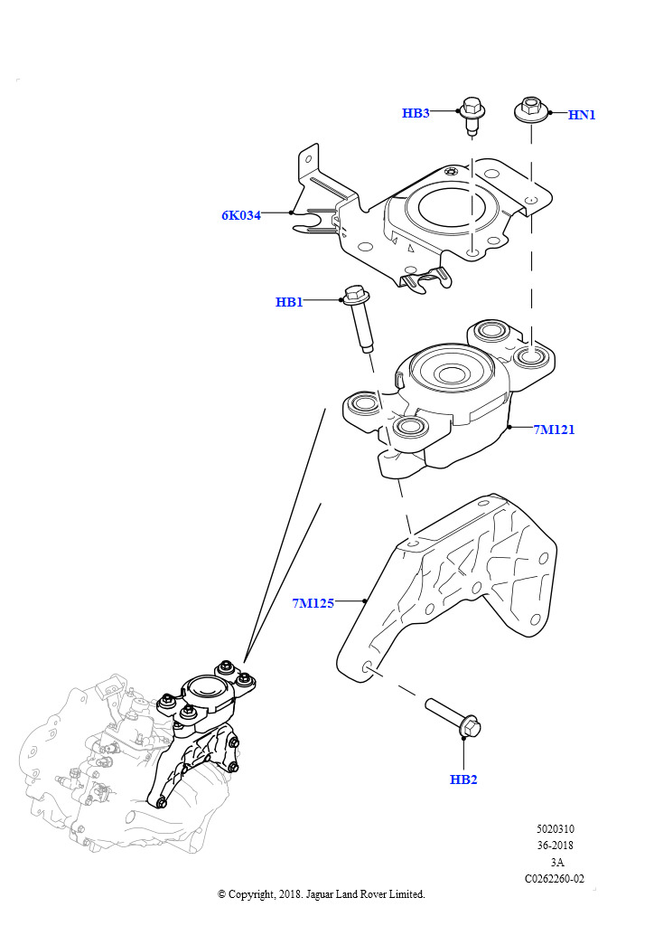 Схема: Опора коробки передач (2,0 л I4 DSL MID DOHC AJ200, 6-ступенч.мех.кор.пер.-JLR M66 2WD, Сборочный завод Хэйлвуд, 2,0 л I4 DSL MID DOHC AJ200, 6-ступенч.мех.коробка пер., Сборочный