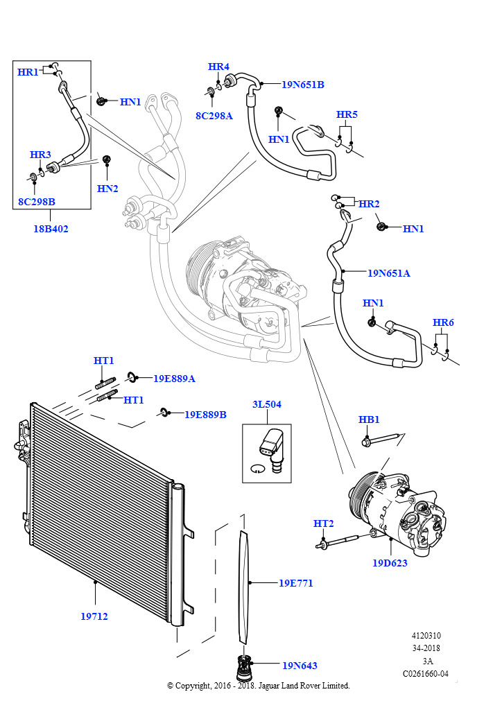Схема: Конденс./компресс.сист.кондиц.возд. (2,0 л I4 Mid DOHC AJ200, бензин, Сборочный завод Хэйлвуд, 2,0 л I4 High DOHC AJ200, бензин, Сборочный завод Хэйлвуд, 2.0L I4 DSL HIGH DOHC AJ20