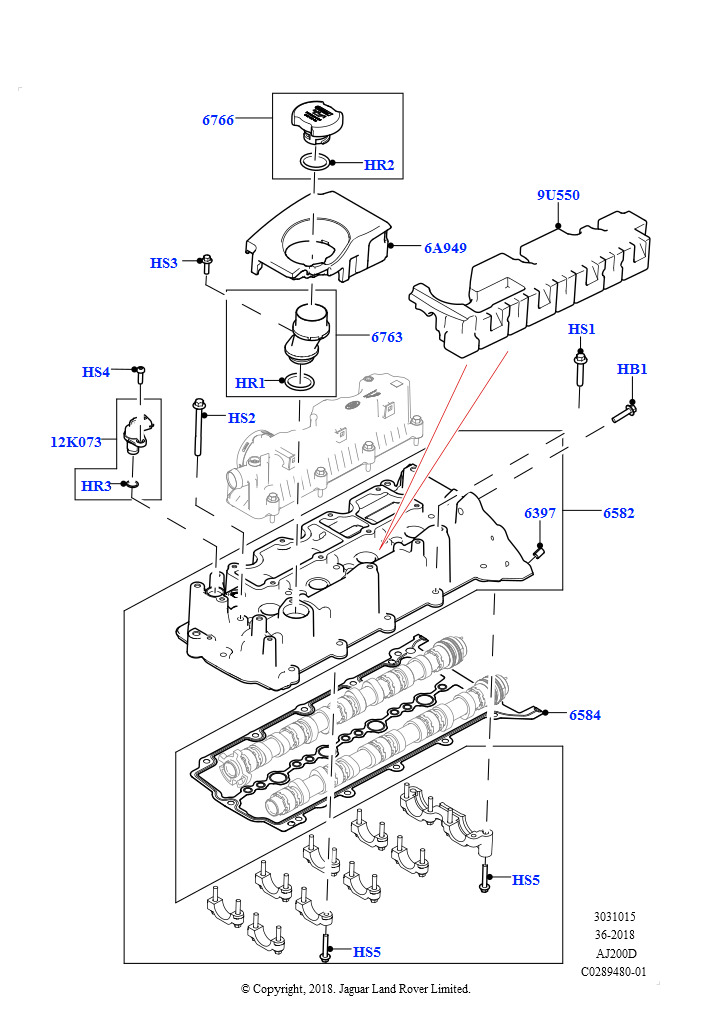 Схема: Крышка головки цилиндров (Сборка на заводе в г. Нитра, 2,0 л I4 DSL MID DOHC AJ200, 2.0L I4 DSL HIGH DOHC AJ200)