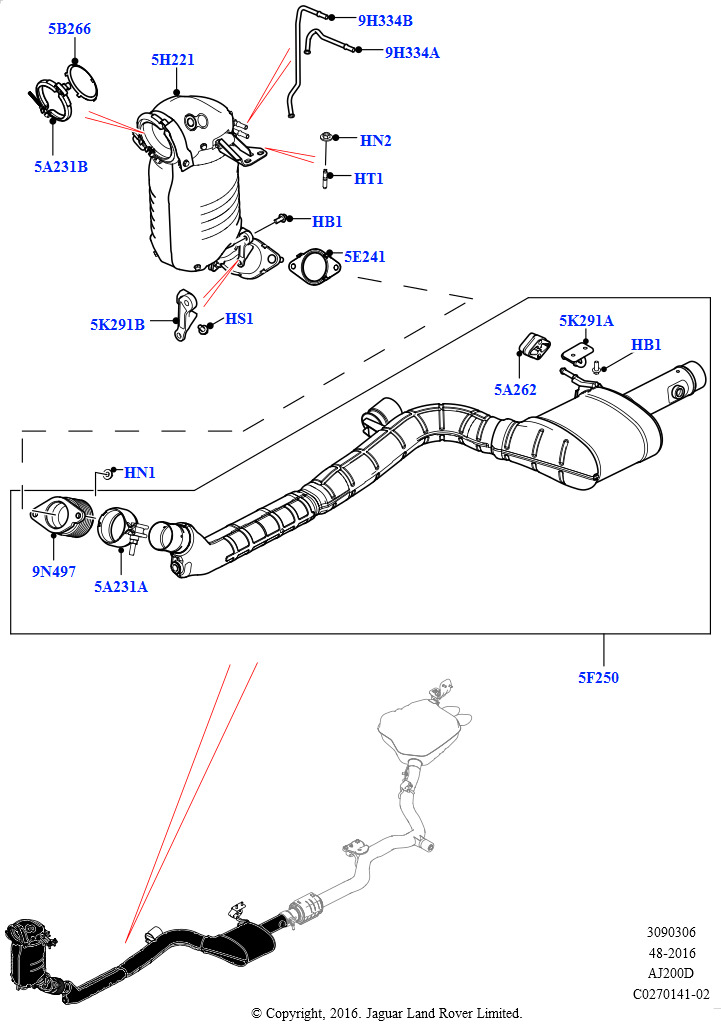 Передняя система выпуска (Сборка на заводе в г. Солихалл, 2.0L I4 DSL HIGH DOHC AJ200, EU6D дизельн.+ DPF понижен.токсичн., 2.0L I4 DSL HIGH DOHC AJ200, Токсичность выхлопа EU6 + D