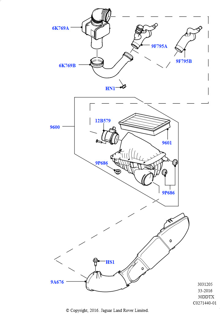 Схема: Воздушный фильтр (Сборка на заводе в г. Солихалл, 3.0 V6 D Low MT ROW, 3.0 V6 D Gen2 Mono Turbo)
