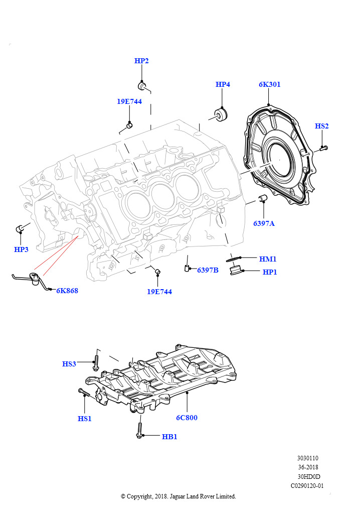 Схема: Блок цилиндров и заглушки (Сборка на заводе в г. Нитра, 3.0L DOHC GDI SC V6 БЕНЗИНОВЫЙ)