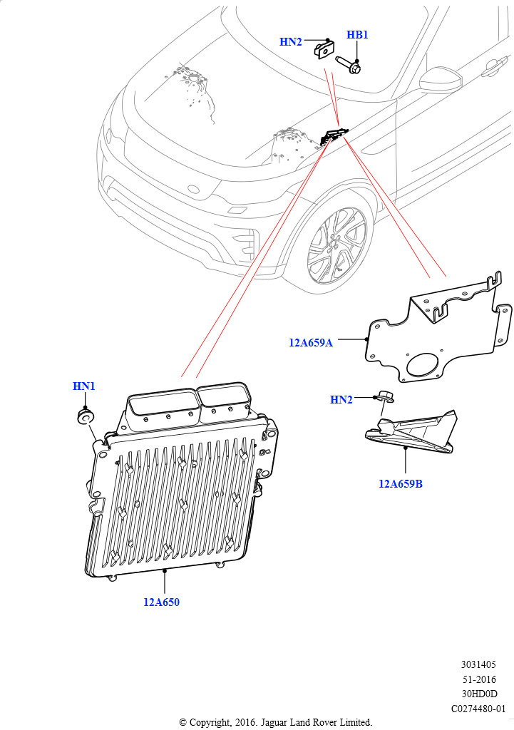 Схема: Модули и датчики двигателя (Сборка на заводе в г. Солихалл, 3.0L DOHC GDI SC V6 БЕНЗИНОВЫЙ)