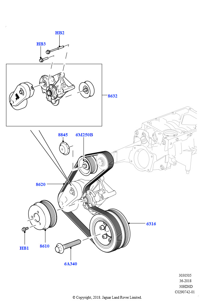 Шкивы и приводные ремни (Сборка на заводе в г. Нитра, Вторичный привод, 3.0L DOHC GDI SC V6 БЕНЗИНОВЫЙ)