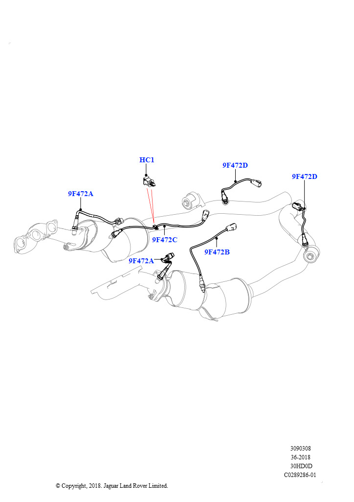 Схема: Датчики и модули системы выпуска (Сборка на заводе в г. Нитра, 3.0L DOHC GDI SC V6 БЕНЗИНОВЫЙ, EU2, 3.0L DOHC GDI SC V6 БЕНЗИНОВЫЙ, Требования SULEV, 3.0L DOHC GDI SC V6 БЕНЗИНОВЫЙ