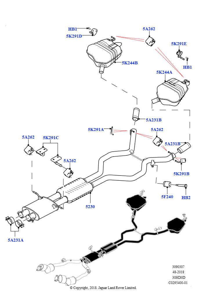 Схема: Задняя система выпуска (Сборка на заводе в г. Нитра, 3.0L DOHC GDI SC V6 БЕНЗИНОВЫЙ)