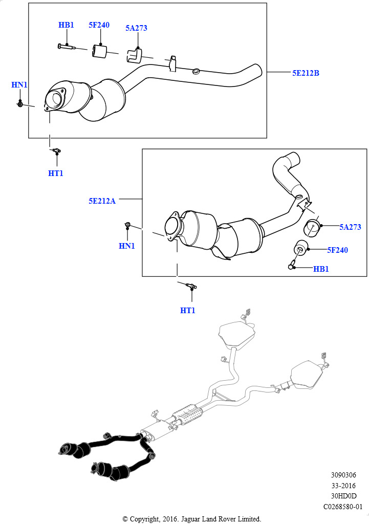 Схема: Передняя система выпуска (Сборка на заводе в г. Солихалл, 3.0L DOHC GDI SC V6 БЕНЗИНОВЫЙ, Требования SULEV, 3.0L DOHC GDI SC V6 БЕНЗИНОВЫЙ, Стандарт токсичности EU6, 3.0L DOHC GDI