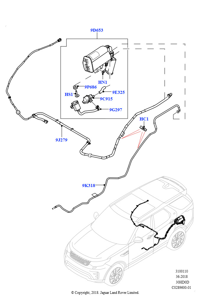 Схема: Топливные магистрали (Задний, Сборка на заводе в г. Нитра, 3.0L DOHC GDI SC V6 БЕНЗИНОВЫЙ, Топливный бак с детектором утечек, 3.0L DOHC GDI SC V6 БЕНЗИНОВЫЙ, Бенз.бак с контр.утече