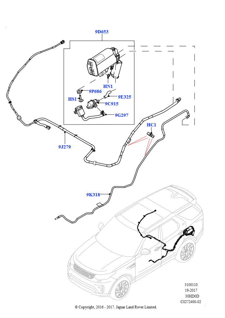 Схема: Топливные магистрали (Задний, Сборка на заводе в г. Солихалл, 3.0L DOHC GDI SC V6 БЕНЗИНОВЫЙ, Заливн.горл.топл.бака.,контр.утечек)