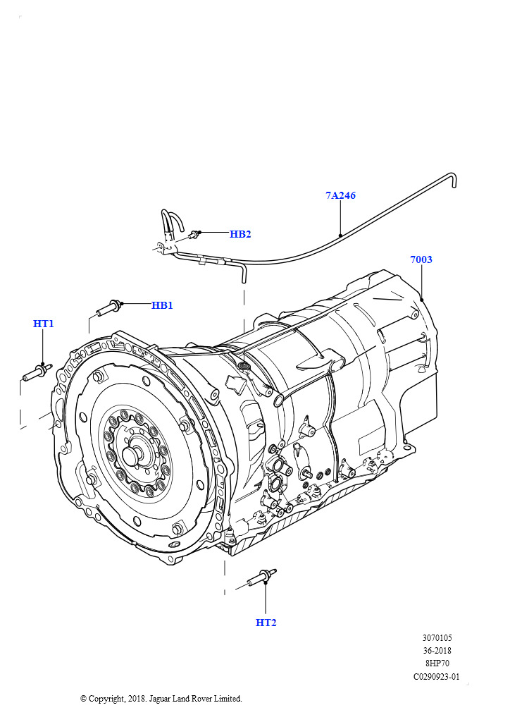 Схема: АКПП в сборе и привод спидометра (Сборка на заводе в г. Нитра, 4.4L DOHC DITC V8 Diesel, 8-ступенч.авто.кор.пер.ZF 8HP70 4WD, Дизельный 3,0 V6, 8-ступенч.авто.кор.пер.ZF 8HP70 4WD)