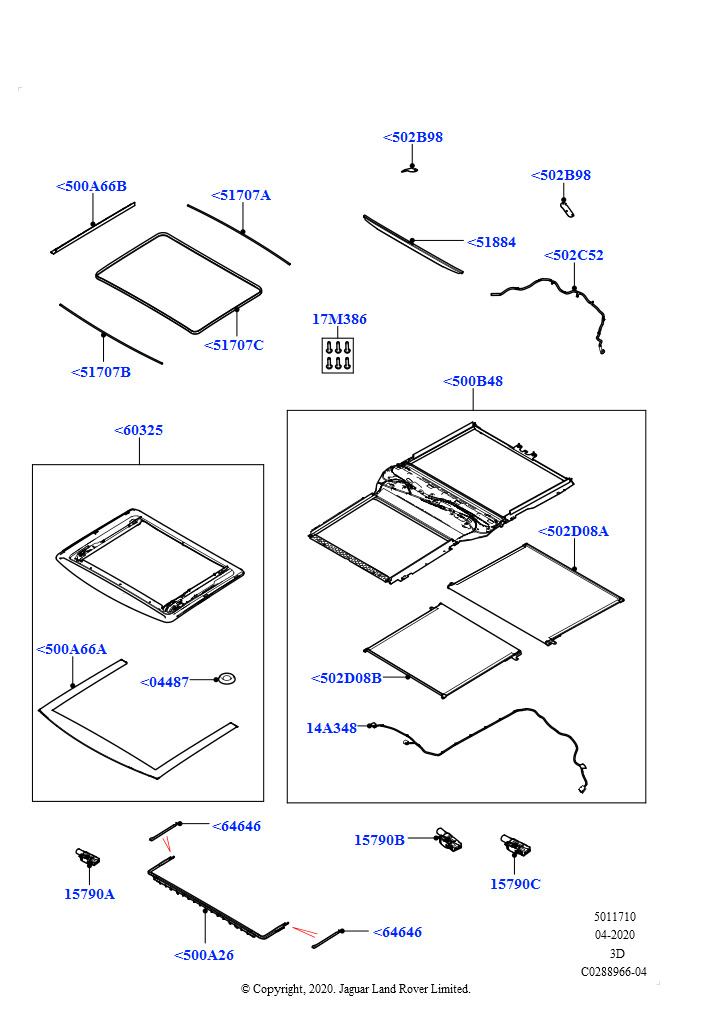 Схема: Мех-м и орг.упр. сдвижн.люка крыши (Сборка на заводе в г. Нитра, Рама люка крыши, Панорамн.крыша-электропр./открыван., Эл/прив.перед./зад.секц.крыши кабр.)
