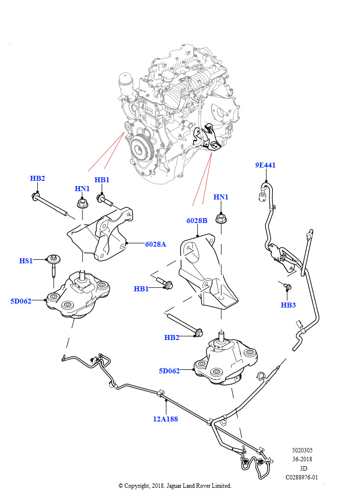 Схема: Опора двигателя (Сборка на заводе в г. Нитра, 2,0 л I4 DSL MID DOHC AJ200, 2.0L I4 DSL HIGH DOHC AJ200)