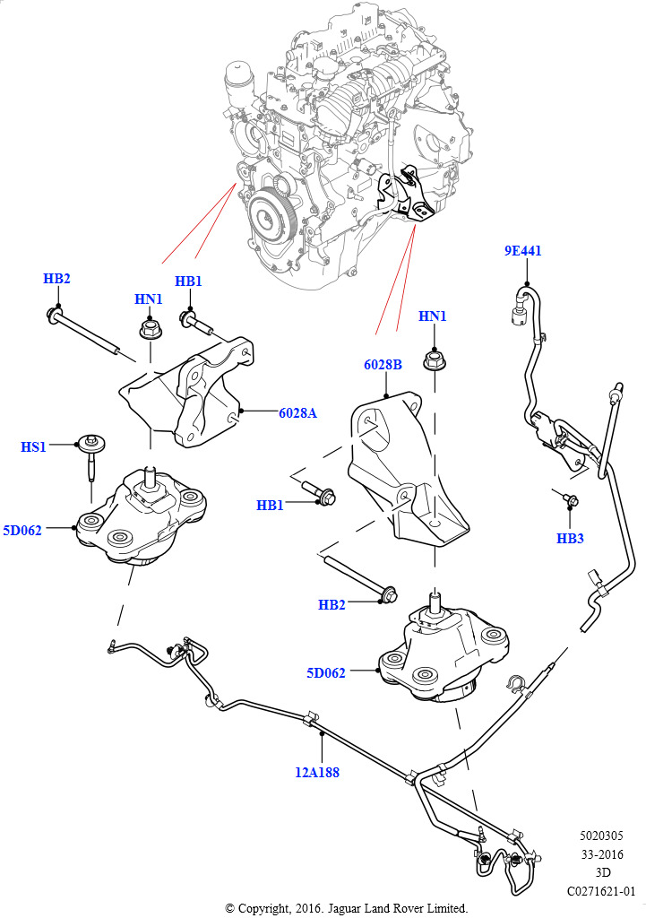 Схема: Опора двигателя (Сборка на заводе в г. Солихалл, 2.0L I4 DSL HIGH DOHC AJ200, 2,0 л I4 DSL MID DOHC AJ200)