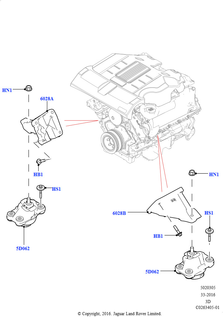 Схема: Опора двигателя (Сборка на заводе в г. Солихалл, 3.0L DOHC GDI SC V6 БЕНЗИНОВЫЙ)