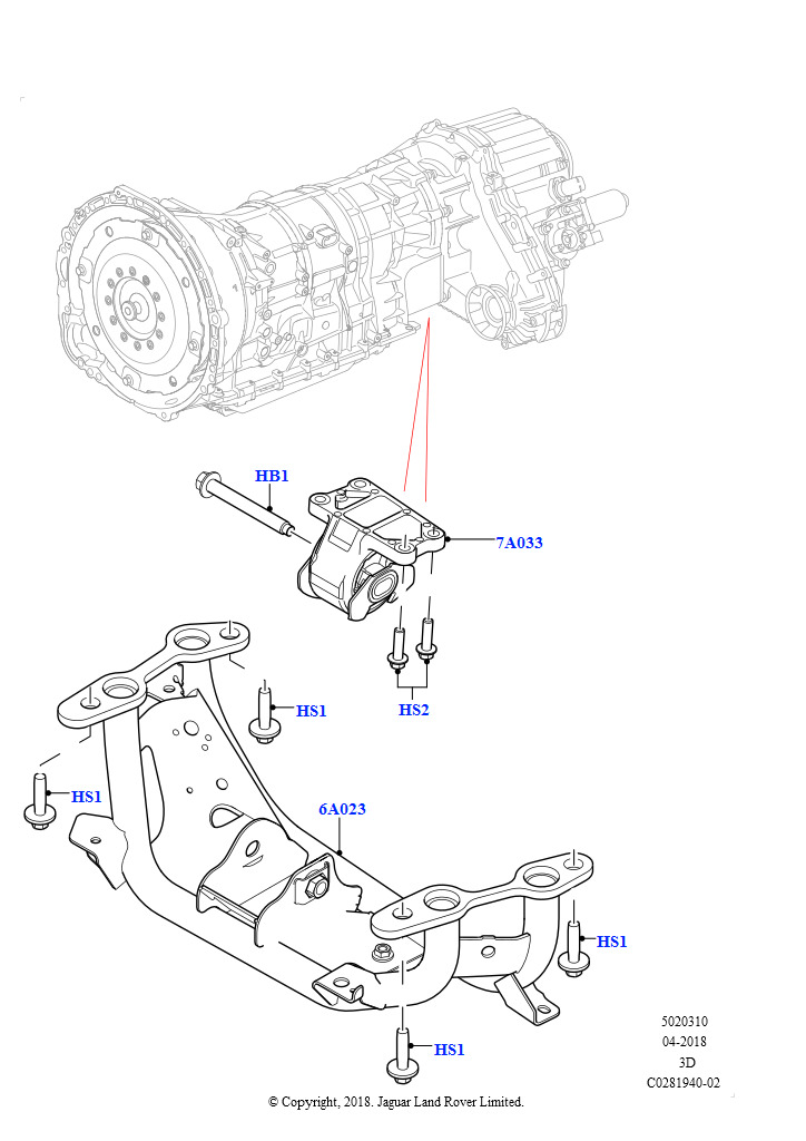 Схема: Опора коробки передач (Сборка на заводе в г. Солихалл, 2,0 л I4 High DOHC AJ200, бензин)