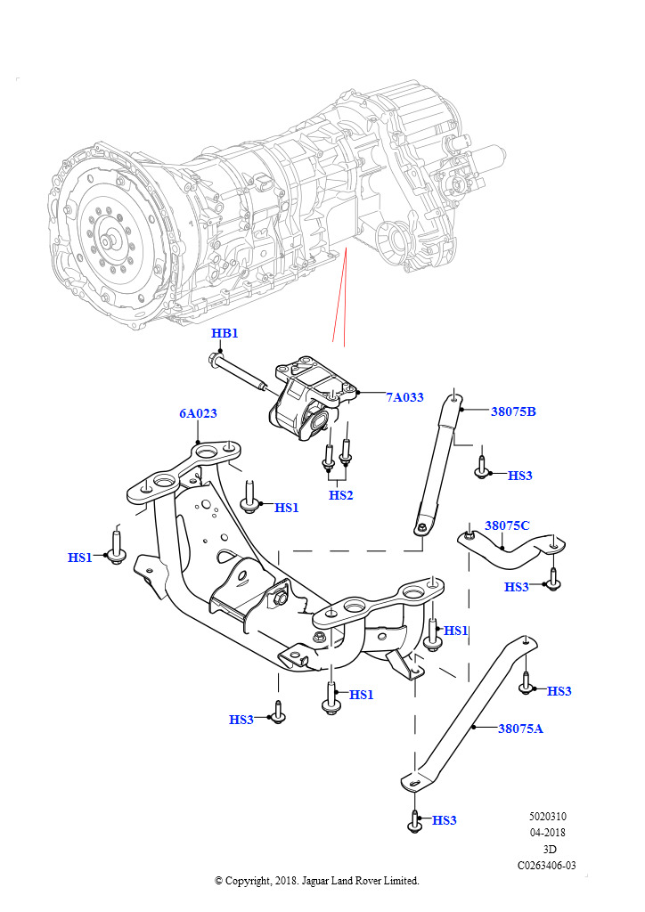 Схема: Опора коробки передач (Сборка на заводе в г. Солихалл, 2.0L I4 DSL HIGH DOHC AJ200, 2,0 л I4 DSL MID DOHC AJ200)