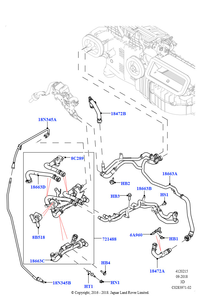 Схема: Шланги отопителя (2,0 л I4 High DOHC AJ200, бензин, С отопителем, работающим на топливе, С сист.кондиц.возд.-передн./задн., 2,0 л I4 High DOHC AJ200, бензин, С отопителем, работающ