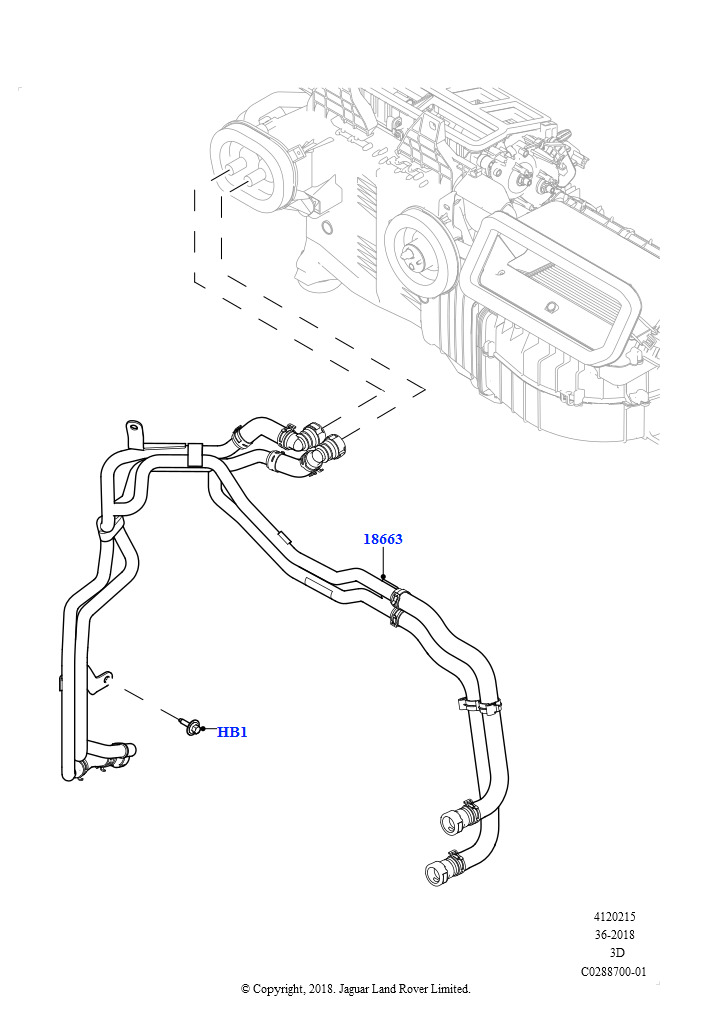 Схема: Шланги отопителя (Сборка на заводе в г. Нитра, 2,0 л I4 DSL MID DOHC AJ200, С отопителем PTC, С сист.кондиц.возд.-передн./задн., 2.0L I4 DSL HIGH DOHC AJ200, С отопителем PTC, С си