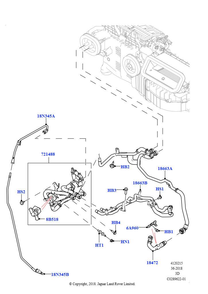 Схема: Шланги отопителя (Сборка на заводе в г. Нитра, 2,0 л I4 High DOHC AJ200, бензин, Без отопителя, С передн.комфорт. конд.возд.(IHKA), 2,0 л I4 High DOHC AJ200, бензин, Без отопителя,