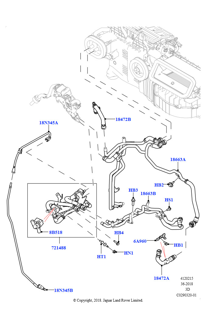 Схема: Шланги отопителя (Сборка на заводе в г. Нитра, 2,0 л I4 High DOHC AJ200, бензин, Подогр.топл.с парк.отопителем и д/у, С сист.кондиц.возд.-передн./задн., 2,0 л I4 High DOHC AJ200, б