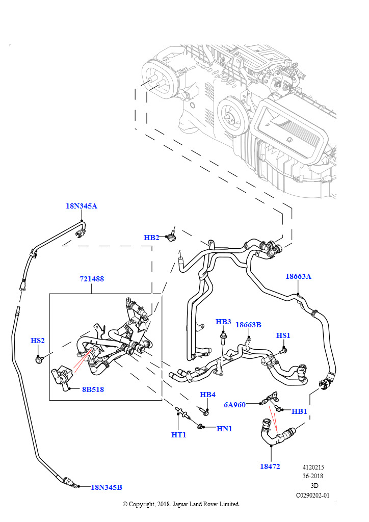 Схема: Шланги отопителя (Сборка на заводе в г. Нитра, 2,0 л I4 High DOHC AJ200, бензин, С отопителем PTC, С сист.кондиц.возд.-передн./задн., 2,0 л I4 High DOHC AJ200, бензин, Без отопител