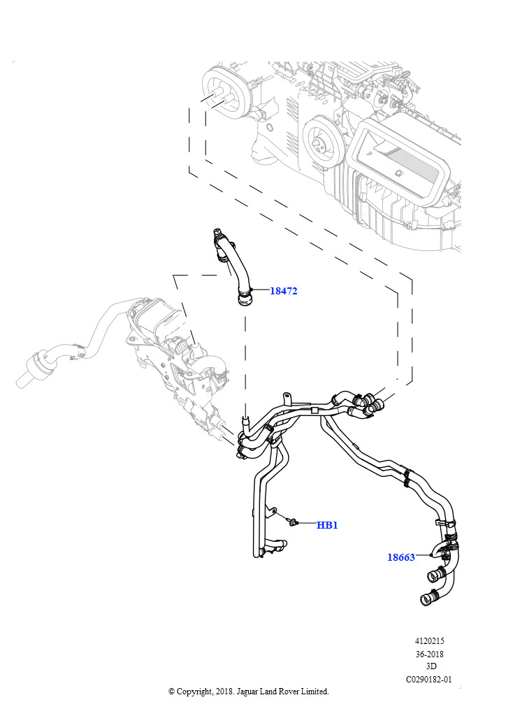 Схема: Шланги отопителя (Сборка на заводе в г. Нитра, 2.0L I4 DSL HIGH DOHC AJ200, Топл.отопит.с функц. стоян.отоплен., С сист.кондиц.возд.-передн./задн., 2,0 л I4 DSL MID DOHC AJ200, Под
