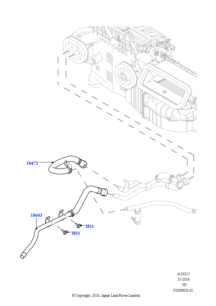 Схема: Шланги отопителя (Сборка на заводе в г. Нитра, 3.0 V6 D Gen2 Mono Turbo, С отопителем PTC, 3.0 V6 D Low MT ROW, Без отопителя, 3.0 V6 D Low MT ROW, С отопителем PTC, 3.0 V6 D Gen2