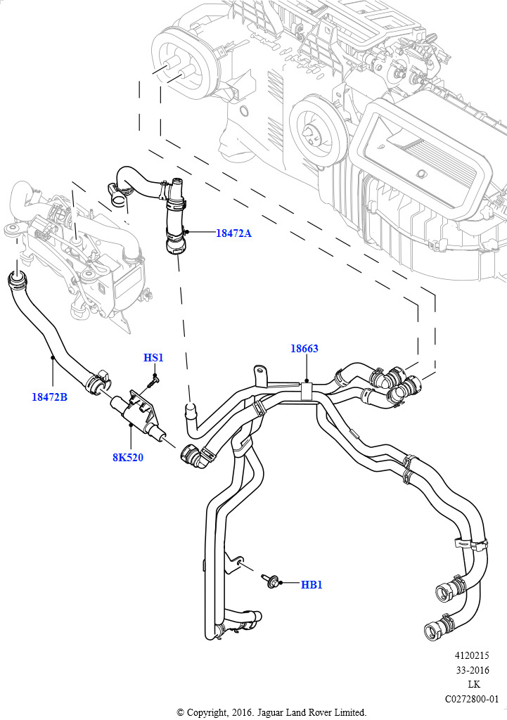 Схема: Шланги отопителя (Сборка на заводе в г. Солихалл, 2,0 л I4 DSL MID DOHC AJ200, С отопителем, работающим на топливе, Передн./задн.кондиционер выс.серии, Без парковочного отопителя,