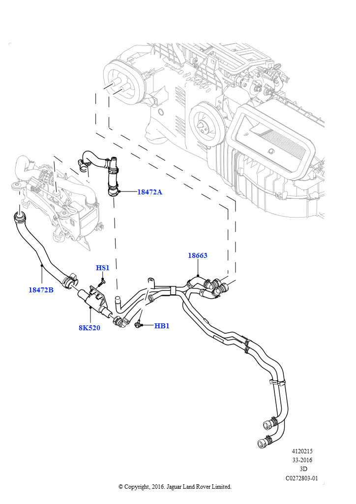 Схема: Шланги отопителя (Сборка на заводе в г. Солихалл, 2,0 л I4 DSL MID DOHC AJ200, С отопителем, работающим на топливе, С передн.комфорт. конд.возд.(IHKA), Без парковочного отопителя,