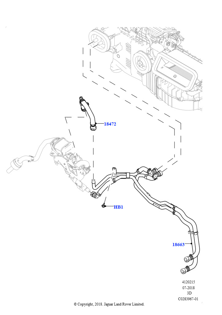 Схема: Шланги отопителя (Сборка на заводе в г. Солихалл, 2,0 л I4 DSL MID DOHC AJ200, С отопителем, работающим на топливе, С передн.комфорт. конд.возд.(IHKA), Без парковочного отопителя,