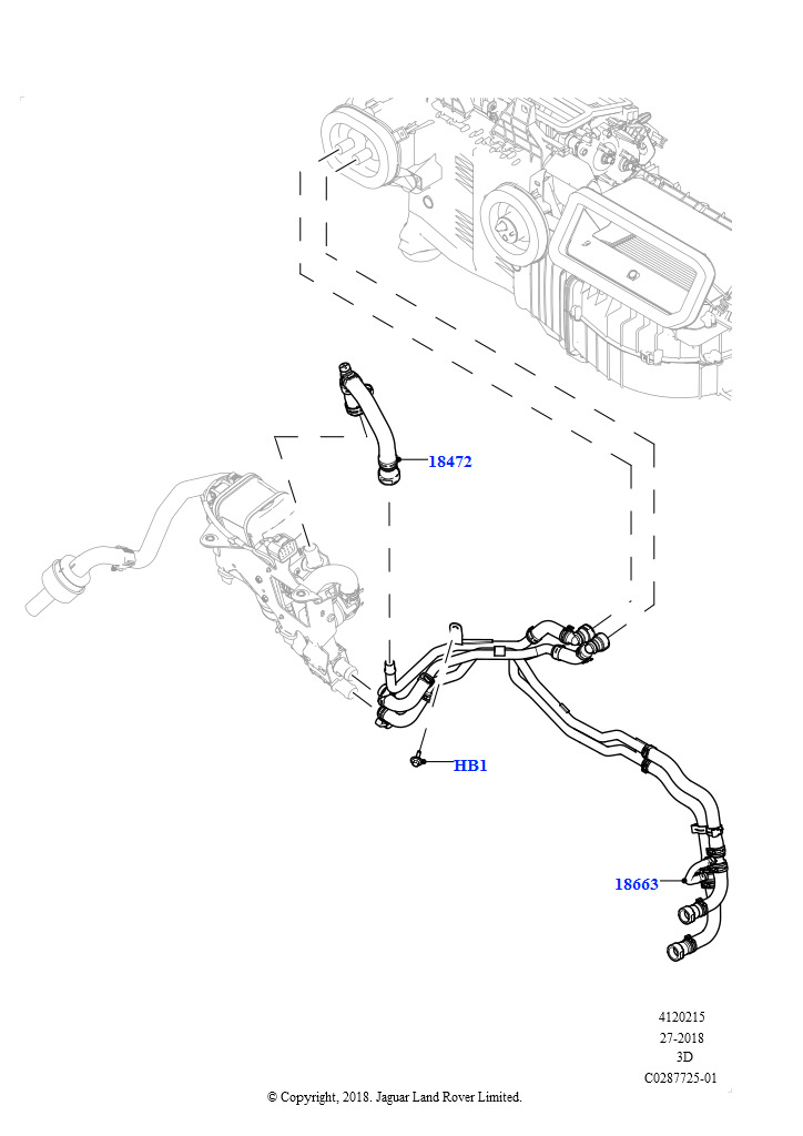 Схема: Шланги отопителя (Сборка на заводе в г. Солихалл, 2,0 л I4 DSL MID DOHC AJ200, Топл.отопит.с функц. стоян.отоплен., С передн.комфорт. конд.возд.(IHKA), 2,0 л I4 DSL MID DOHC AJ200,