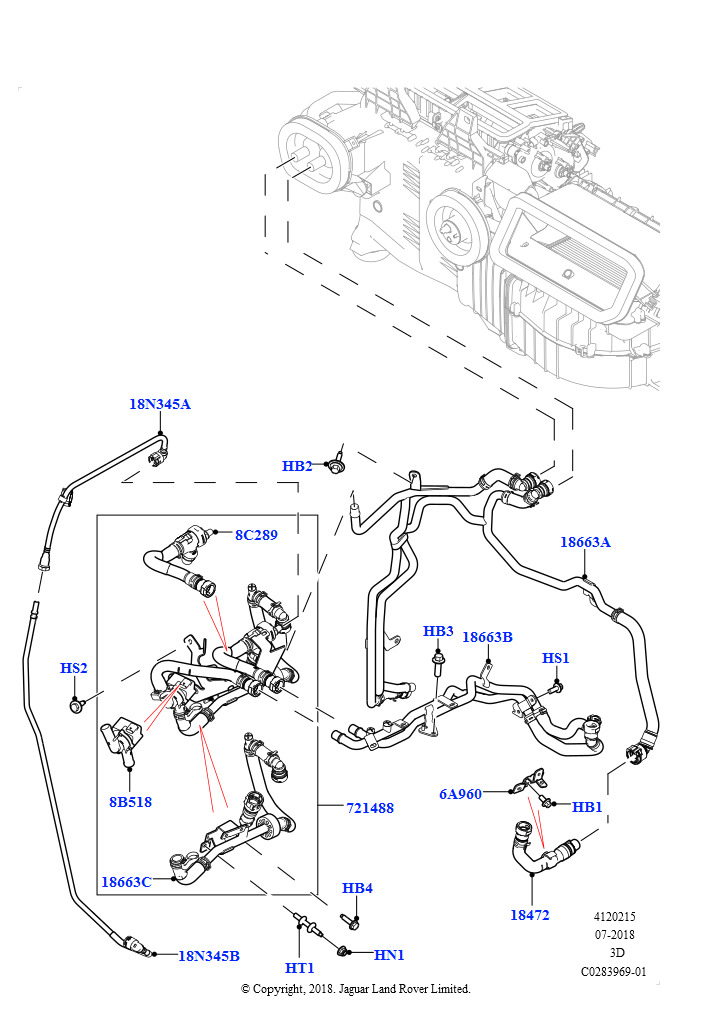 Схема: Шланги отопителя (Сборка на заводе в г. Солихалл, 2,0 л I4 High DOHC AJ200, бензин, С отопителем PTC, Передн./задн.кондиционер выс.серии, 2,0 л I4 High DOHC AJ200, бензин, С подогр
