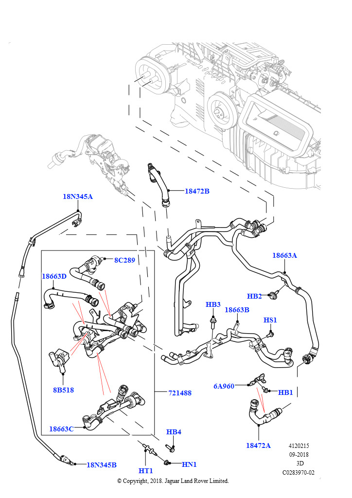 Схема: Шланги отопителя (Сборка на заводе в г. Солихалл, 2,0 л I4 High DOHC AJ200, бензин, С отопителем, работающим на топливе, Передн./задн.кондиционер выс.серии)