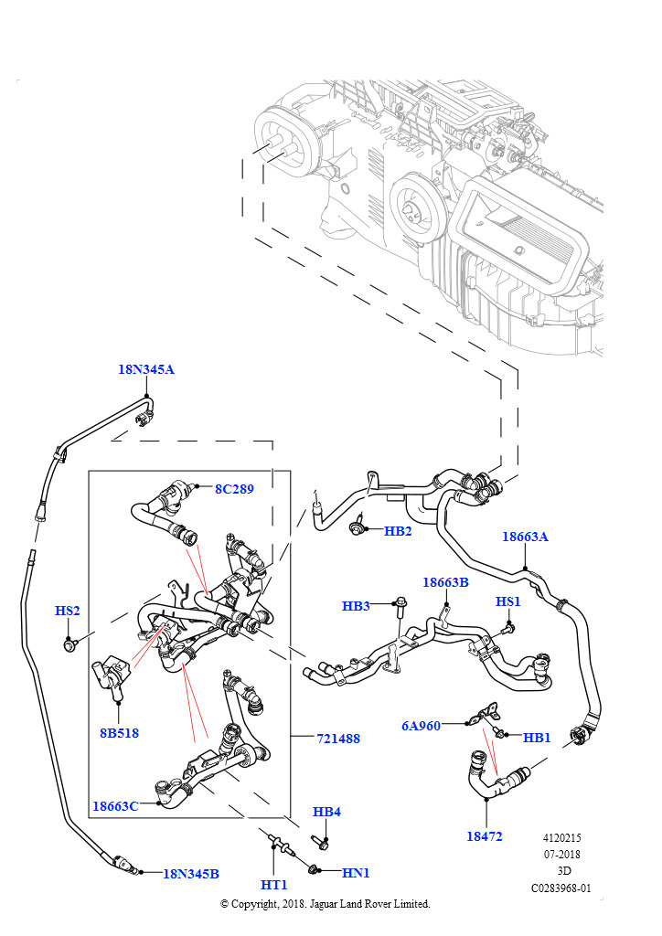 Схема: Шланги отопителя (Сборка на заводе в г. Солихалл, 2,0 л I4 High DOHC AJ200, бензин, С подогревателем свежего воздуха, С кондиц. возд., упр.вручную 4, 2,0 л I4 High DOHC AJ200, бенз