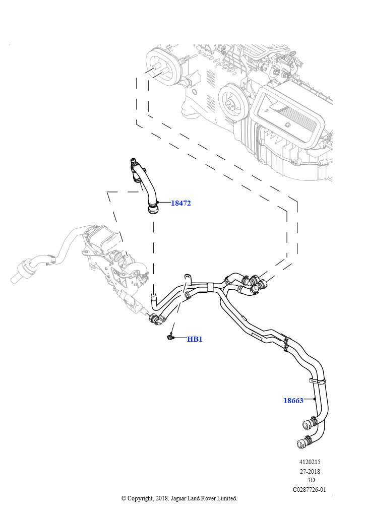 Схема: Шланги отопителя (Сборка на заводе в г. Солихалл, 2.0L I4 DSL HIGH DOHC AJ200, С отопителем, работающим на топливе, Передн./задн.кондиционер выс.серии, 2,0 л I4 DSL MID DOHC AJ200,
