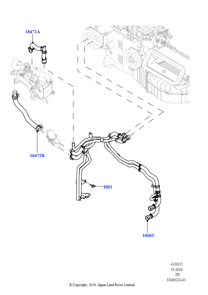 Схема: Шланги отопителя (Сборка на заводе в г. Солихалл, 2.0L I4 DSL HIGH DOHC AJ200, С отопителем, работающим на топливе, Передн./задн.кондиционер выс.серии, Стояночный отопитель с дист.