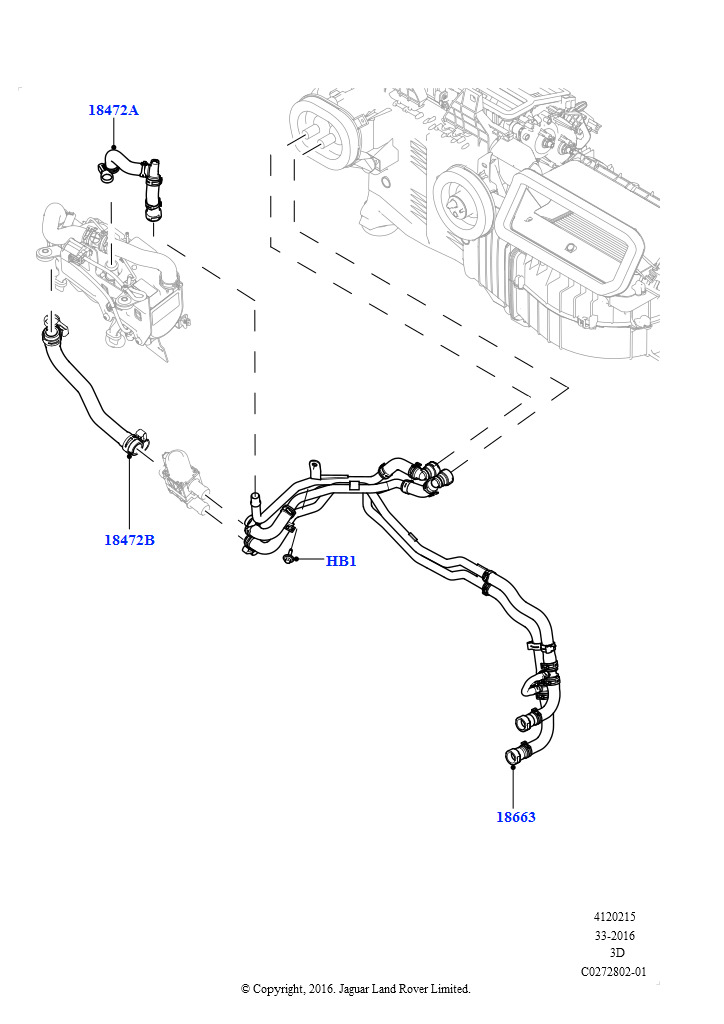 Схема: Шланги отопителя (Сборка на заводе в г. Солихалл, 2.0L I4 DSL HIGH DOHC AJ200, С отопителем, работающим на топливе, С сист.кондиц.возд.-передн./задн., Стояночный отопитель с дист.у