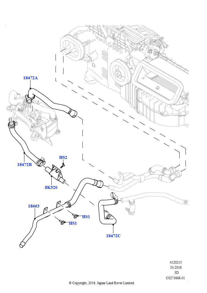 Схема: Шланги отопителя (Сборка на заводе в г. Солихалл, 3.0 V6 D Low MT ROW, С отопителем, работающим на топливе, Без парковочного отопителя, 3.0 V6 D Gen2 Mono Turbo, С отопителем, рабо