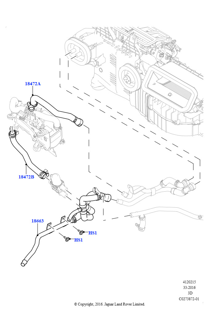 Схема: Шланги отопителя (Сборка на заводе в г. Солихалл, 3.0 V6 D Low MT ROW, С отопителем, работающим на топливе, Стояночный отопитель с дист.упр., 3.0 V6 D Gen2 Mono Turbo, С отопителем