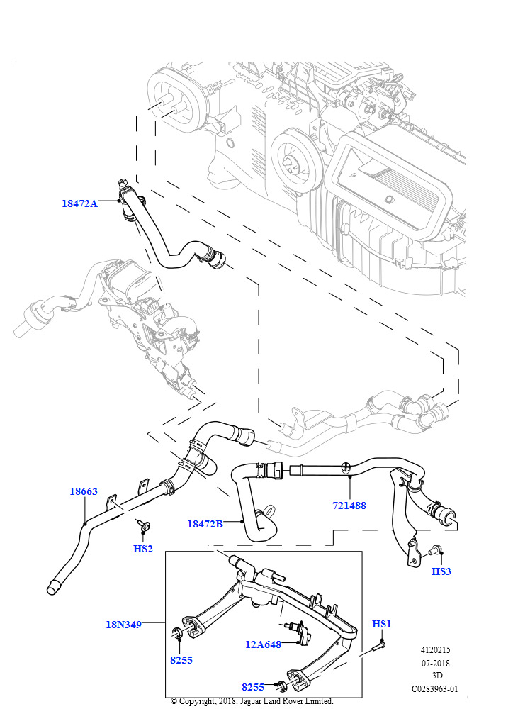 Схема: Шланги отопителя (Сборка на заводе в г. Солихалл, 3.0L DOHC GDI SC V6 БЕНЗИНОВЫЙ, Подогр.топл.с парк.отопителем и д/у, 3.0L DOHC GDI SC V6 БЕНЗИНОВЫЙ, Топл.отопит.с функц. стоян.от