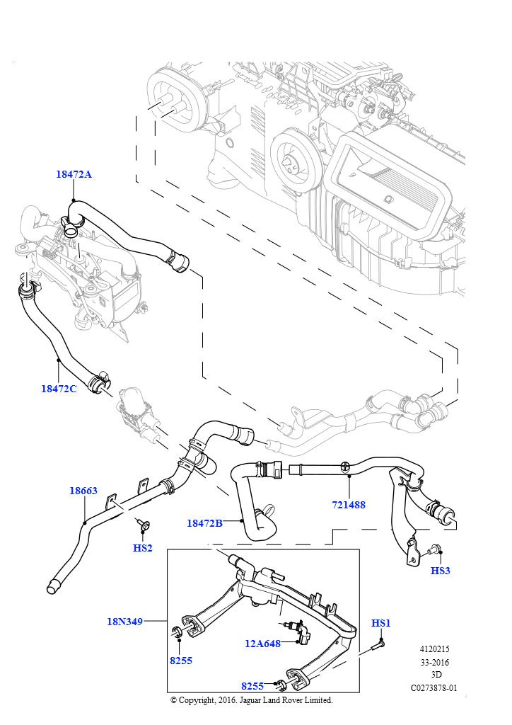 Схема: Шланги отопителя (Сборка на заводе в г. Солихалл, 3.0L DOHC GDI SC V6 БЕНЗИНОВЫЙ, С отопителем, работающим на топливе)