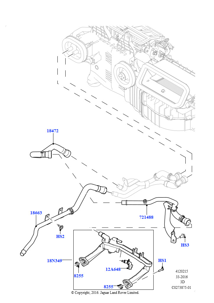 Схема: Шланги отопителя (Сборка на заводе в г. Солихалл, 3.0L DOHC GDI SC V6 БЕНЗИНОВЫЙ, С подогревателем свежего воздуха, 3.0L DOHC GDI SC V6 БЕНЗИНОВЫЙ, С отопителем PTC, 3.0L DOHC GDI