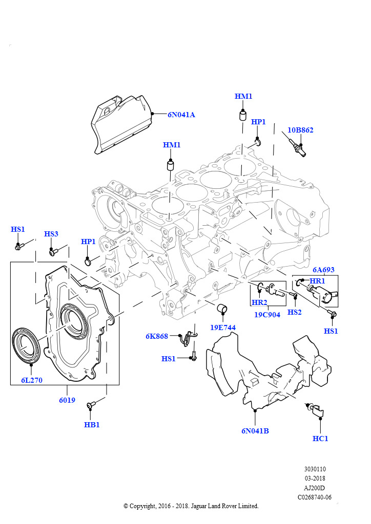 Блок цилиндров и заглушки (Сборка на заводе в г. Солихалл, 2.0L I4 DSL HIGH DOHC AJ200, 2,0 л I4 DSL MID DOHC AJ200)