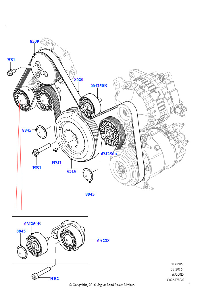 Шкивы и приводные ремни (Сборка на заводе в г. Солихалл, 2.0L I4 DSL HIGH DOHC AJ200, 2,0 л I4 DSL MID DOHC AJ200)
