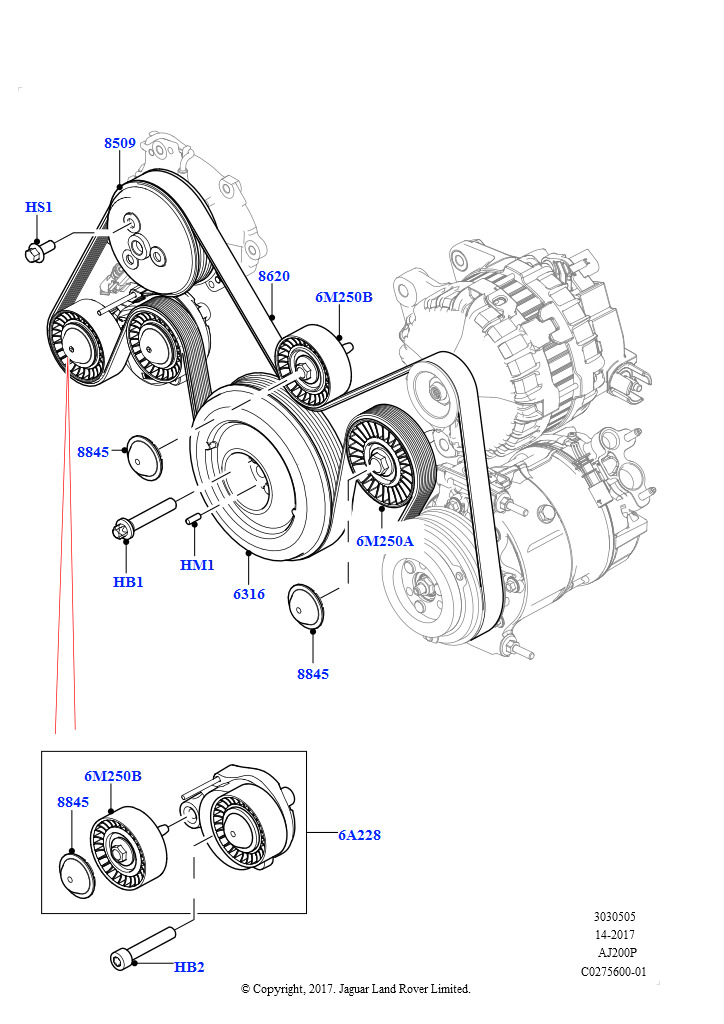 Схема: Шкивы и приводные ремни (Сборка на заводе в г. Солихалл, 2,0 л I4 High DOHC AJ200, бензин, 2,0 л I4 Mid DOHC AJ200, бензин)