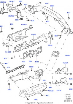 Выпускной коллектор (Сборка на заводе в г. Солихалл, Дизель 3,0 л 24V DOHC V6 TC, 3,0 л 24 клап. V6 турбо дизель, станд. поток, 3.0 V6 D Low MT ROW, 3,0 V6-гибридн.электр.дизельн.д