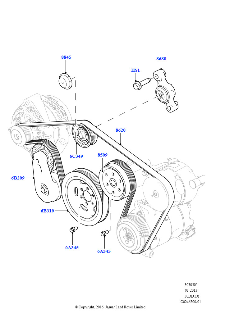 Шкивы и приводные ремни (Передний, 3.0 V6 D Gen2 Mono Turbo, С подвеской ACE, 3.0 V6 D Gen2 Twin Turbo, С подвеской ACE, 3.0 V6 D Low MT ROW, С подвеской ACE, 3,0 л 24 клап. V6 тур