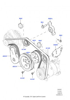 Шкивы и приводные ремни (Передний, Сборка на заводе в г. Солихалл, 3.0 V6 D Gen2 Twin Turbo, Со спортивной подвеской, 3.0 V6 D Low MT ROW, Со спортивной подвеской, 3.0 V6 D Gen2 Mo