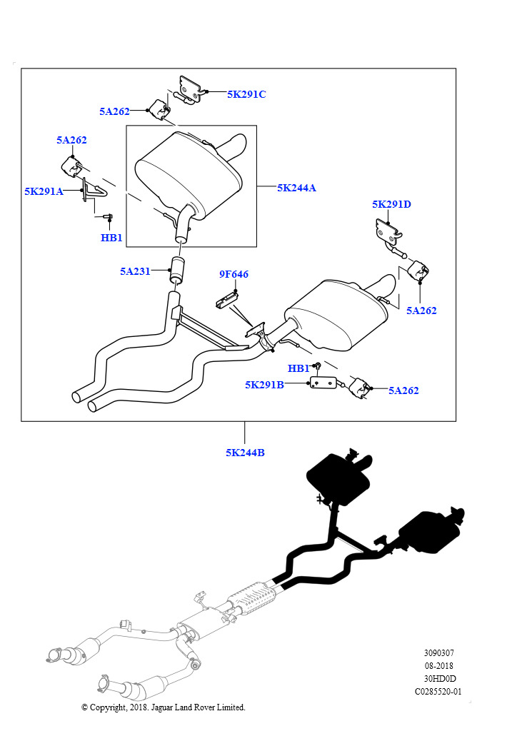 Схема: Задняя система выпуска (3.0L DOHC GDI SC V6 БЕНЗИНОВЫЙ)
