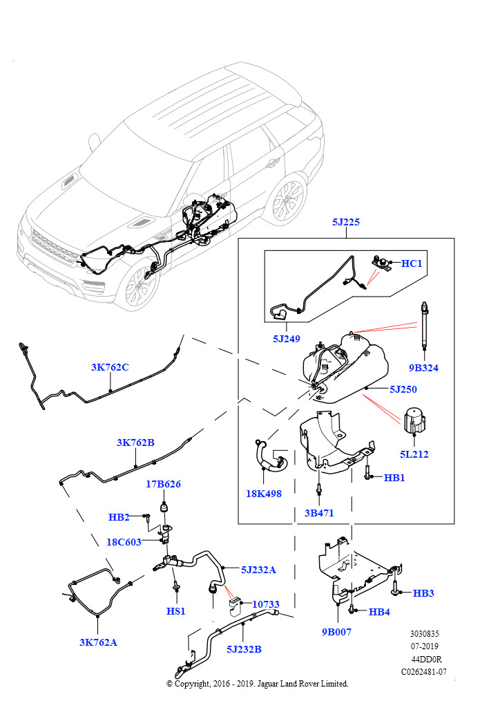 Схема: Подача мочевины в систему выпуска (Бак и магистрали, 4.4L DOHC DITC V8 Diesel, С баком реагента системы диз.двиг.)